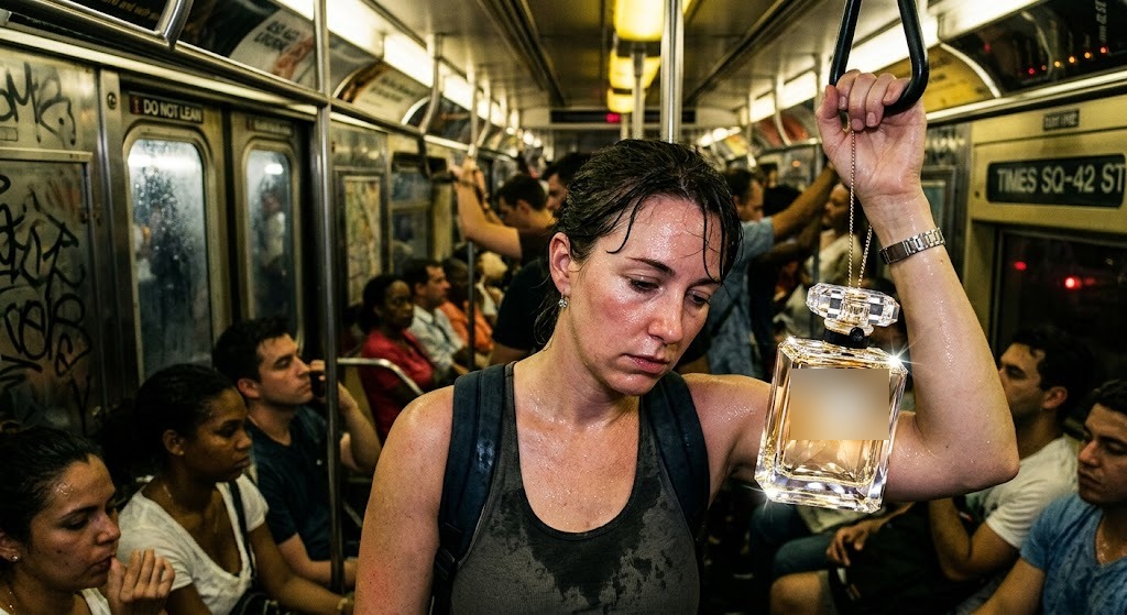 Concept profumo, donna in metropolitana