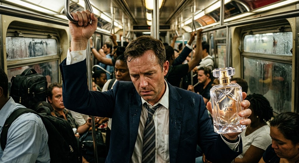 Concept profumo, uomo in metropolitana